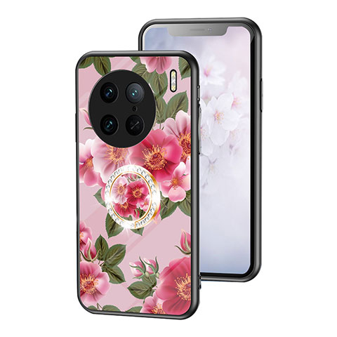 Coque Contour Silicone et Vitre Fleurs Miroir Etui Housse S01 pour Vivo X90 Pro 5G Rouge