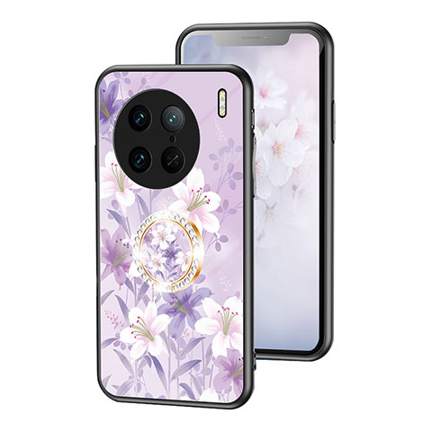 Coque Contour Silicone et Vitre Fleurs Miroir Etui Housse S01 pour Vivo X90 Pro 5G Violet Clair