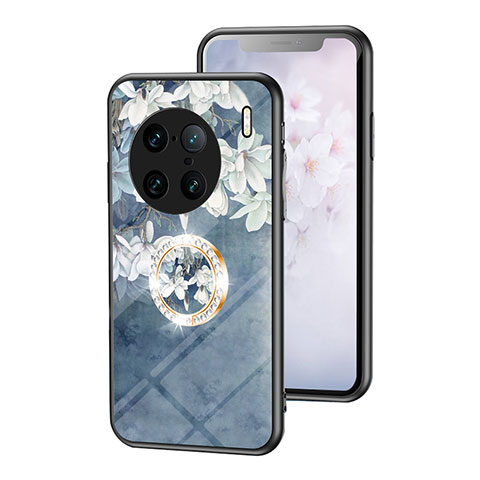 Coque Contour Silicone et Vitre Fleurs Miroir Etui Housse S01 pour Vivo X90 Pro+ Plus 5G Bleu