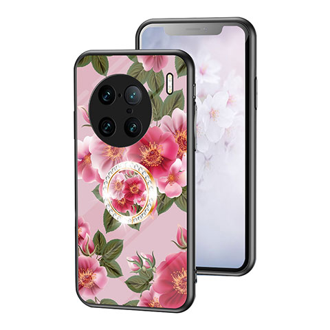 Coque Contour Silicone et Vitre Fleurs Miroir Etui Housse S01 pour Vivo X90 Pro+ Plus 5G Rouge