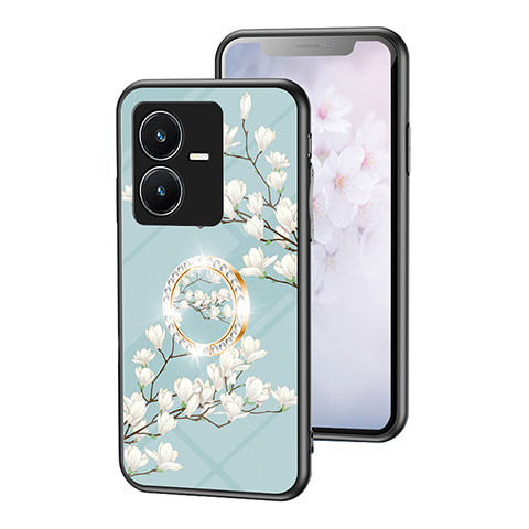 Coque Contour Silicone et Vitre Fleurs Miroir Etui Housse S01 pour Vivo Y22 Cyan