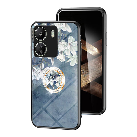 Coque Contour Silicone et Vitre Fleurs Miroir Etui Housse S01 pour Xiaomi Poco C65 Bleu