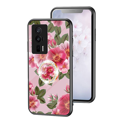 Coque Contour Silicone et Vitre Fleurs Miroir Etui Housse S01 pour Xiaomi Poco F5 Pro 5G Rouge