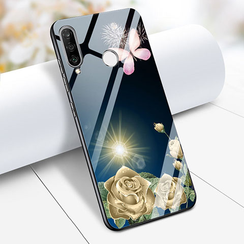 Coque Contour Silicone et Vitre Fleurs Miroir M01 pour Huawei P30 Lite Bleu