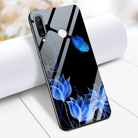 Coque Contour Silicone et Vitre Fleurs Miroir M02 pour Huawei P30 Lite XL Bleu