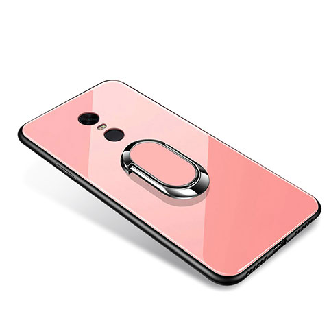 Coque Contour Silicone et Vitre Miroir Housse Etui avec Support Bague Anneau pour Xiaomi Redmi Note 5 Indian Version Or Rose