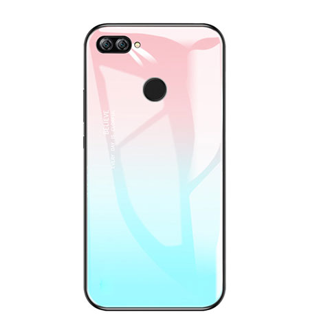 Coque Contour Silicone et Vitre Miroir Housse Etui Degrade Arc en Ciel pour Huawei Honor 9i Bleu Ciel