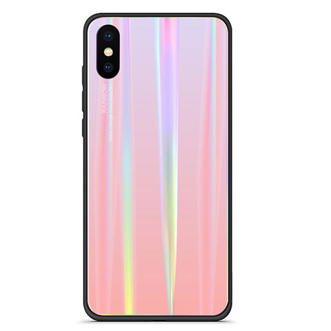 Coque Contour Silicone et Vitre Miroir Housse Etui Degrade Arc en Ciel pour Xiaomi Mi 8 Pro Global Version Rose