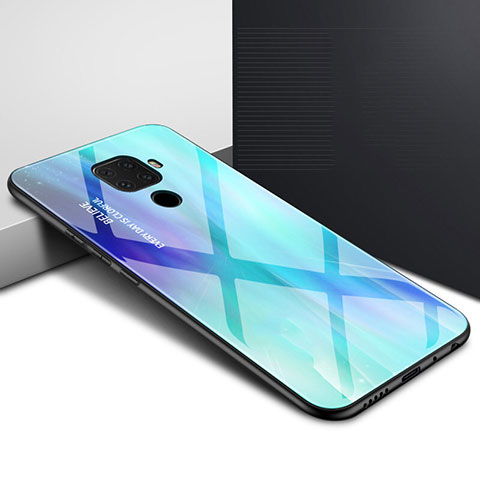 Coque Contour Silicone et Vitre Motif Fantaisie Miroir Etui Housse pour Huawei Nova 5i Pro Cyan