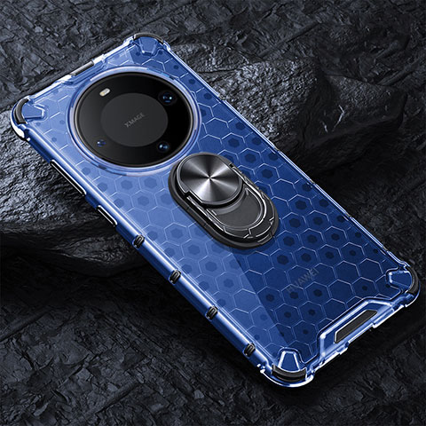 Coque Contour Silicone et Vitre Transparente Miroir 360 Degres avec Support Bague Anneau Aimante Magnetique AM1 pour Huawei Mate 60 Pro Bleu