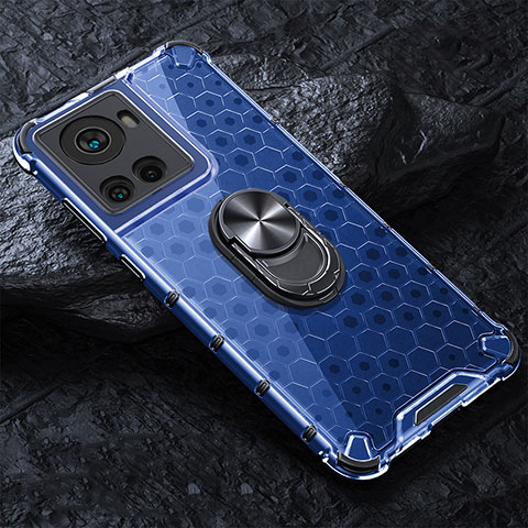 Coque Contour Silicone et Vitre Transparente Miroir 360 Degres avec Support Bague Anneau Aimante Magnetique AM1 pour OnePlus 10R 5G Bleu