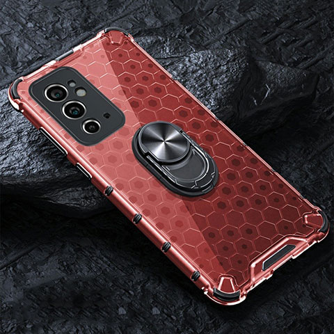 Coque Contour Silicone et Vitre Transparente Miroir 360 Degres avec Support Bague Anneau Aimante Magnetique AM1 pour OnePlus 9RT 5G Rouge