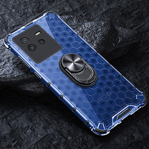 Coque Contour Silicone et Vitre Transparente Miroir 360 Degres avec Support Bague Anneau Aimante Magnetique AM1 pour Vivo iQOO Neo6 SE 5G Bleu