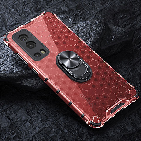 Coque Contour Silicone et Vitre Transparente Miroir 360 Degres avec Support Bague Anneau Aimante Magnetique AM1 pour Vivo iQOO Z3 5G Rouge