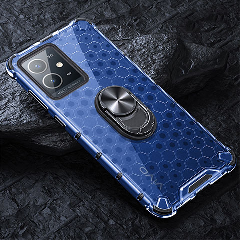 Coque Contour Silicone et Vitre Transparente Miroir 360 Degres avec Support Bague Anneau Aimante Magnetique AM1 pour Vivo iQOO Z6 5G Bleu