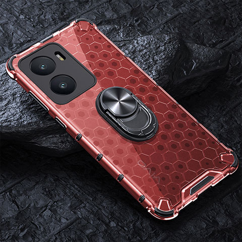 Coque Contour Silicone et Vitre Transparente Miroir 360 Degres avec Support Bague Anneau Aimante Magnetique AM1 pour Vivo iQOO Z7x 5G Rouge