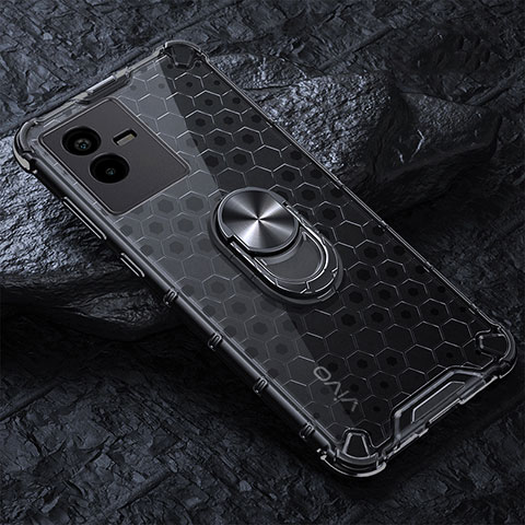 Coque Contour Silicone et Vitre Transparente Miroir 360 Degres avec Support Bague Anneau Aimante Magnetique AM1 pour Vivo T2x 5G Noir