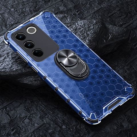 Coque Contour Silicone et Vitre Transparente Miroir 360 Degres avec Support Bague Anneau Aimante Magnetique AM1 pour Vivo V27e 5G Bleu