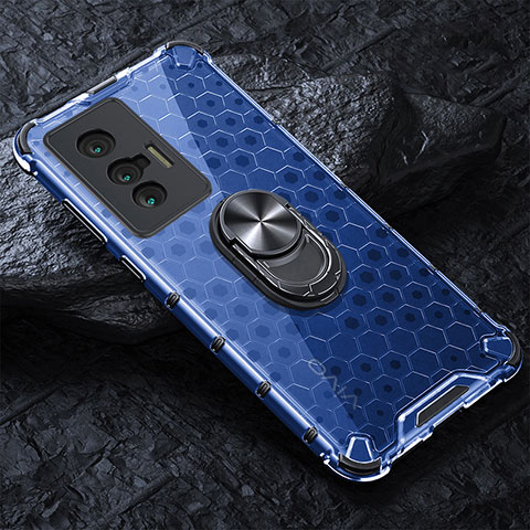 Coque Contour Silicone et Vitre Transparente Miroir 360 Degres avec Support Bague Anneau Aimante Magnetique AM1 pour Vivo X70t Bleu