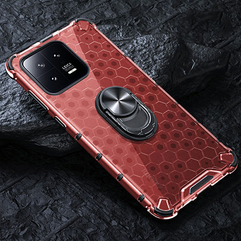 Coque Contour Silicone et Vitre Transparente Miroir 360 Degres avec Support Bague Anneau Aimante Magnetique AM1 pour Xiaomi Mi 13 Pro 5G Rouge