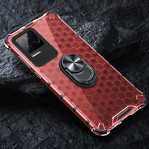 Coque Contour Silicone et Vitre Transparente Miroir 360 Degres avec Support Bague Anneau Aimante Magnetique AM1 pour Xiaomi Poco F4 5G Rouge