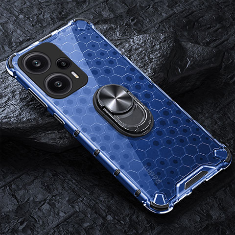 Coque Contour Silicone et Vitre Transparente Miroir 360 Degres avec Support Bague Anneau Aimante Magnetique AM1 pour Xiaomi Poco F5 5G Bleu