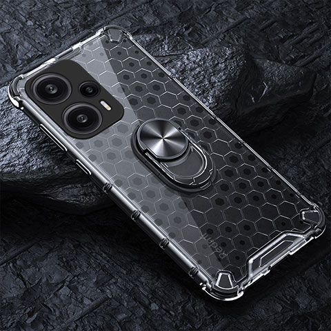 Coque Contour Silicone et Vitre Transparente Miroir 360 Degres avec Support Bague Anneau Aimante Magnetique AM1 pour Xiaomi Poco F5 5G Gris