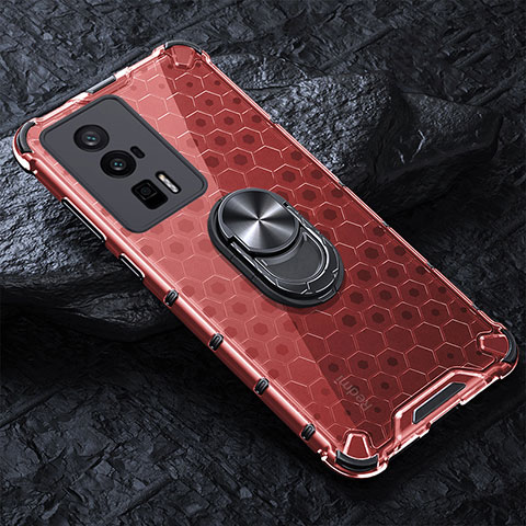 Coque Contour Silicone et Vitre Transparente Miroir 360 Degres avec Support Bague Anneau Aimante Magnetique AM1 pour Xiaomi Redmi K60 5G Rouge