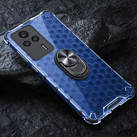 Coque Contour Silicone et Vitre Transparente Miroir 360 Degres avec Support Bague Anneau Aimante Magnetique AM1 pour Xiaomi Redmi K60E 5G Bleu