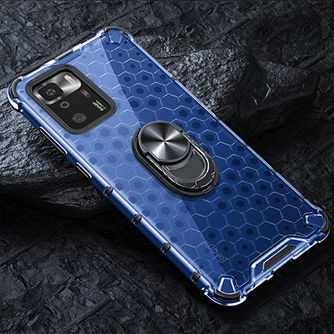 Coque Contour Silicone et Vitre Transparente Miroir 360 Degres avec Support Bague Anneau Aimante Magnetique AM1 pour Xiaomi Redmi Note 10 Pro 5G Bleu