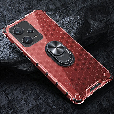 Coque Contour Silicone et Vitre Transparente Miroir 360 Degres avec Support Bague Anneau Aimante Magnetique AM1 pour Xiaomi Redmi Note 12 Explorer Rouge