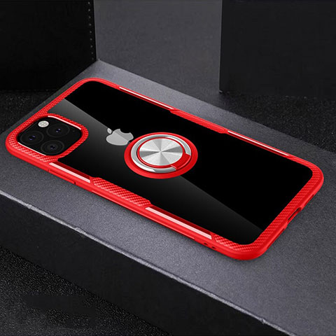 Coque Contour Silicone et Vitre Transparente Miroir 360 Degres avec Support Bague Anneau Aimante Magnetique M01 pour Apple iPhone 11 Pro Rouge