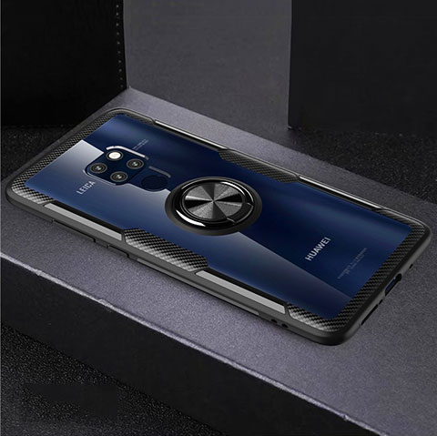 Coque Contour Silicone et Vitre Transparente Miroir 360 Degres avec Support Bague Anneau Aimante Magnetique pour Huawei Mate 20 Noir