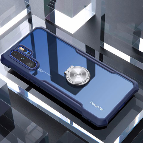 Coque Contour Silicone et Vitre Transparente Miroir 360 Degres avec Support Bague Anneau Aimante Magnetique pour Huawei P30 Pro New Edition Bleu