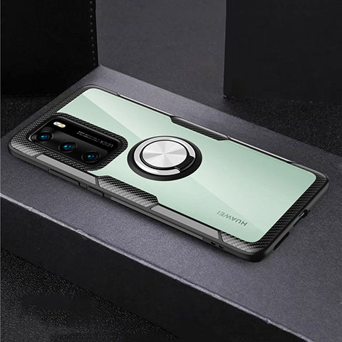 Coque Contour Silicone et Vitre Transparente Miroir 360 Degres avec Support Bague Anneau Aimante Magnetique pour Huawei P40 Argent et Noir