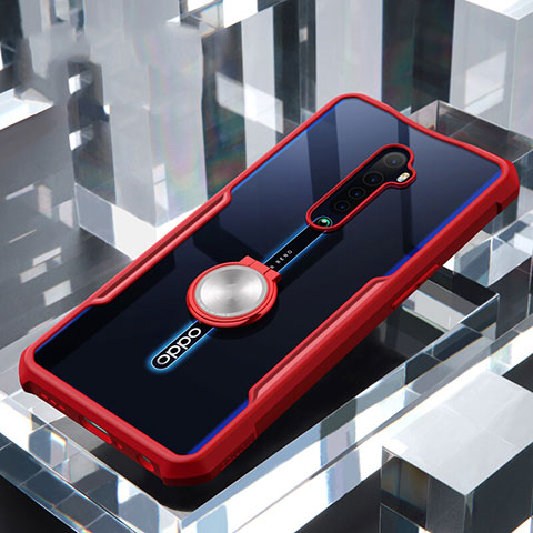 Coque Contour Silicone et Vitre Transparente Miroir 360 Degres avec Support Bague Anneau Aimante Magnetique pour Oppo Reno2 Rouge