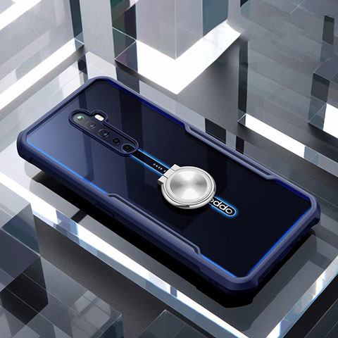 Coque Contour Silicone et Vitre Transparente Miroir 360 Degres avec Support Bague Anneau Aimante Magnetique pour Oppo Reno2 Z Bleu