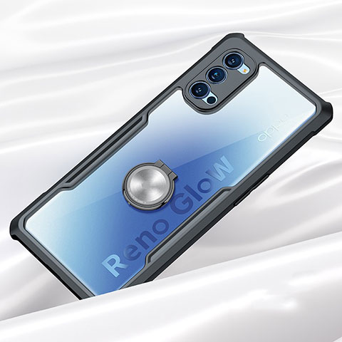 Coque Contour Silicone et Vitre Transparente Miroir 360 Degres avec Support Bague Anneau Aimante Magnetique pour Oppo Reno4 5G Noir