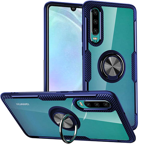 Coque Contour Silicone et Vitre Transparente Miroir 360 Degres avec Support Bague Anneau Aimante Magnetique S01 pour Huawei P30 Bleu