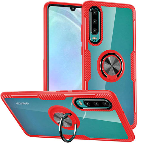 Coque Contour Silicone et Vitre Transparente Miroir 360 Degres avec Support Bague Anneau Aimante Magnetique S01 pour Huawei P30 Rouge