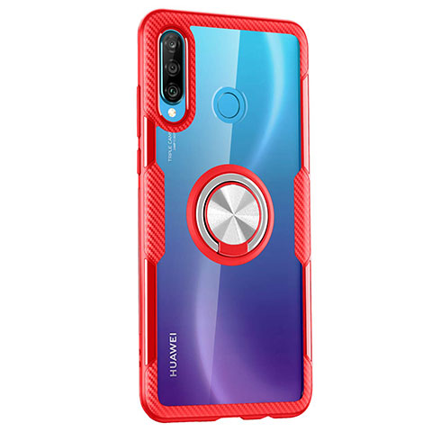 Coque Contour Silicone et Vitre Transparente Miroir 360 Degres avec Support Bague Anneau Aimante Magnetique Z01 pour Huawei Nova 4e Rouge