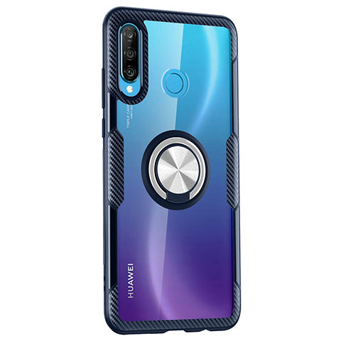 Coque Contour Silicone et Vitre Transparente Miroir 360 Degres avec Support Bague Anneau Aimante Magnetique Z01 pour Huawei P30 Lite New Edition Bleu