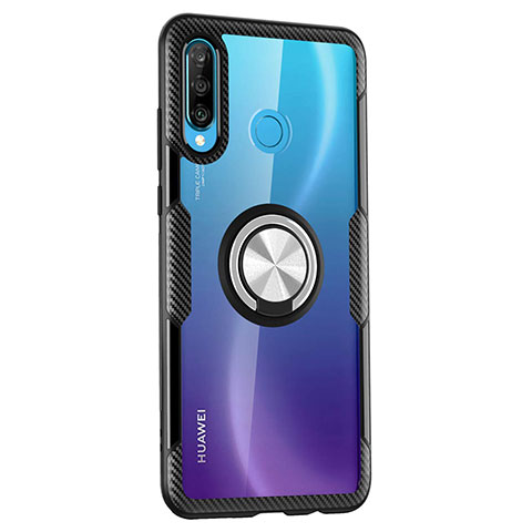 Coque Contour Silicone et Vitre Transparente Miroir 360 Degres avec Support Bague Anneau Aimante Magnetique Z01 pour Huawei P30 Lite New Edition Noir