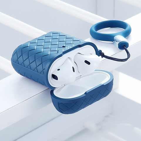 Coque de Protection en Silicone avec Mousqueton pour Boitier de Charge de Airpods C04 Bleu