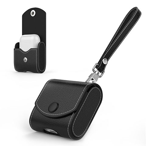 Coque en Cuir avec Mousqueton pour Boitier de Charge de Airpods A05 Noir