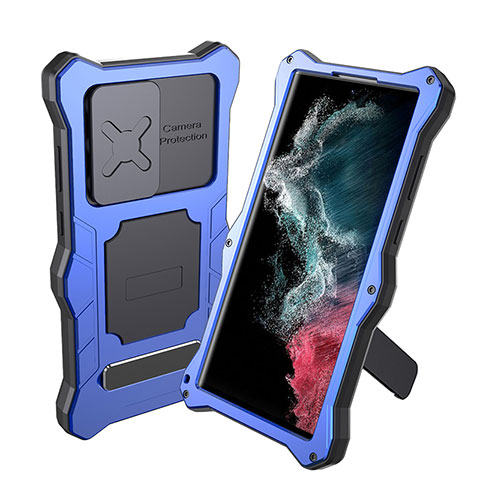 Coque Etanche Contour Silicone et Plastique Housse Etui Waterproof 360 Degres avec Support pour Samsung Galaxy S22 Ultra 5G Bleu