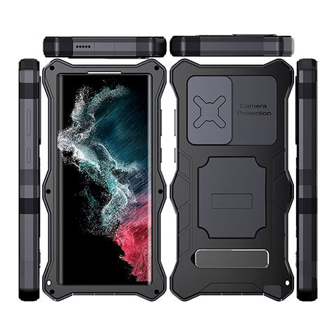 Coque Etanche Contour Silicone et Plastique Housse Etui Waterproof 360 Degres avec Support T02 pour Samsung Galaxy S23 Ultra 5G Noir