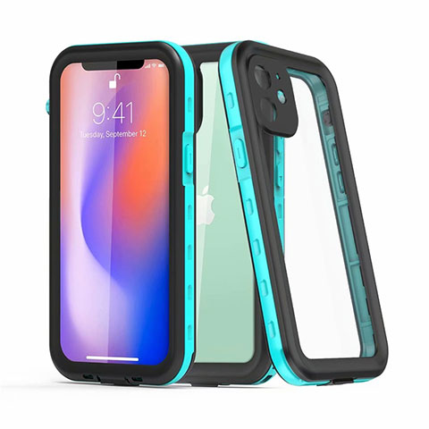 Coque Etanche Contour Silicone et Plastique Housse Etui Waterproof 360 Degres pour Apple iPhone 12 Cyan