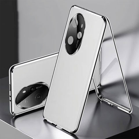 Coque Luxe Aluminum Metal et Cuir Housse Etui 360 Degres P01 pour Huawei Honor 100 Pro 5G Argent