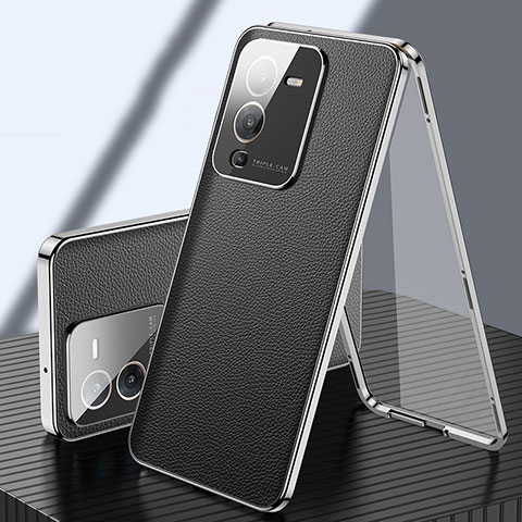 Coque Luxe Aluminum Metal et Cuir Housse Etui 360 Degres pour Vivo V25 Pro 5G Noir